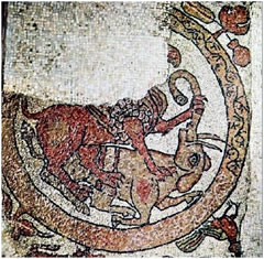 Cattedrale di Trani, Presbiterio - Mosaico pavimentale:Grifo che lotta con l'elefante, XIII secolo Cattedrale di Trani, Presbiterio - Mosaico pavimentale:Grifo che lotta con l'elefante, XIII secolo