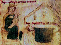 Miniatura: Beatrice di Rethel con la piccola Costanza davanti alla tomba di Ruggero II