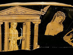 Frammento di cratere attico in cui è rappresentato un tempio dorico, MarTa di Taranto Frammento di cratere attico in cui è rappresentato un tempio dorico, MarTa di Taranto