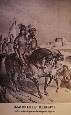 Litografia – Tancredi ed il giovani figlio Ruggero arrivano a Brindisi, 1192 Litografia – Tancredi ed il giovani figlio Ruggero arrivano a Brindisi, 1192