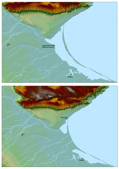 R. Goffredo: Ricostruzione ipotetica del Lago costiero di Salpi tra VIII e IV secolo a.C. R. Goffredo: Ricostruzione ipotetica del Lago costiero di Salpi tra VIII e IV secolo a.C.