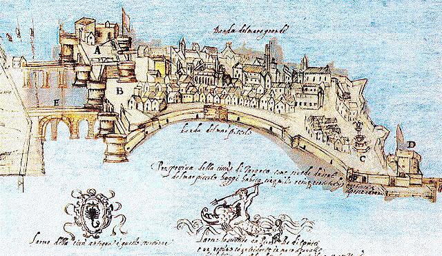 Incisione del 1761 - La città vecchia di Taranto: sulla sinistra il Castello Aragonese
