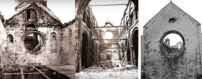 Foto d'epoca: Facciata della Cattedrale di Conversano dopo incendio del 1911 Foto d'epoca: Facciata della Cattedrale di Conversano dopo incendio del 1911