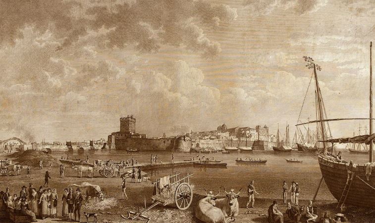 Hackert, incisione – Veduta del porto di Taranto nel 1789