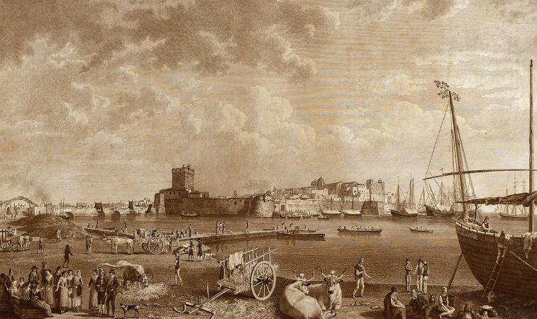 Hackert, incisione – Veduta del porto di Taranto nel 1789 Hackert, incisione – Veduta del porto di Taranto nel 1789